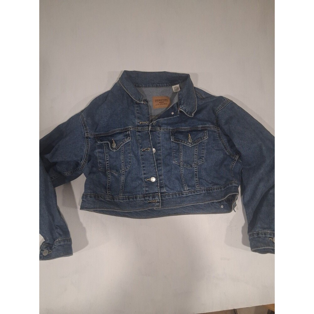 Signature Levi Strauss Womens Blue Denim Stretch Cropped Trucker Jacket XL Large